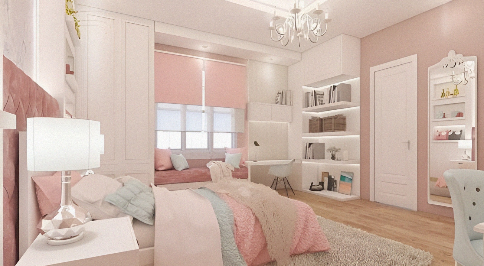 phòng ngủ màu hồng pastel